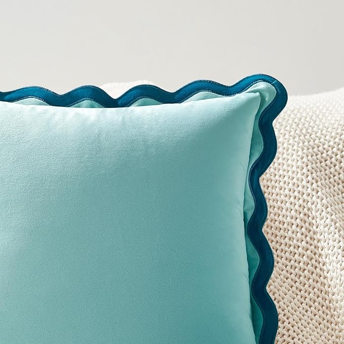 MONDAY MOOSE Decorative Throw Pillow Covers Cushion Cases, Set of 2 Soft Velvet Scalloped Wavy Edge Designs, Mix and Match for Home Decor, Pillow Inserts Not Included (18x18 inch, Blue/Light Blue)
