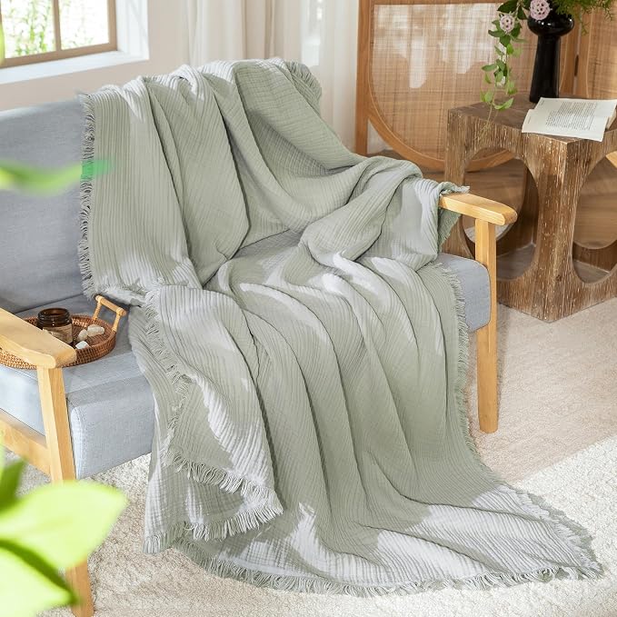 MooMee Muslin Blanket - 100% Cotton 4-Layer Gauze Throw Blanket with All-Around Fringe, Soft Breathable Lightweight Cooling Summer Blankets for Bed Couch(Sage Green,Twin XL 66" x 90")