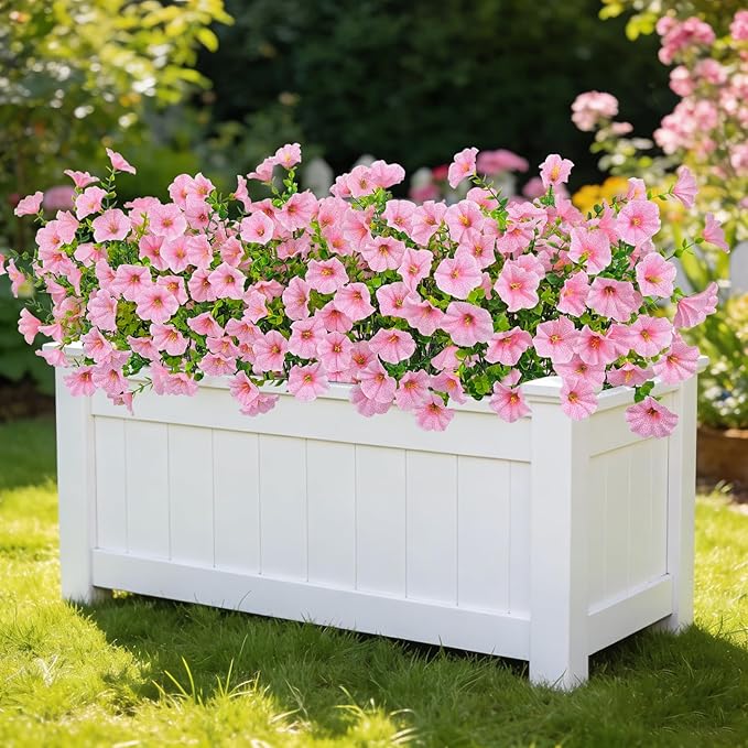 Ouddy Decor 24 Bundles Artificial Flowers for Outdoors, Fake Petunias Flowers Silk Morning Glory with Eucalyptus Faux Plants for Indoor Outside Spring Summer Yard Garden Porch Home Decor, Pink
