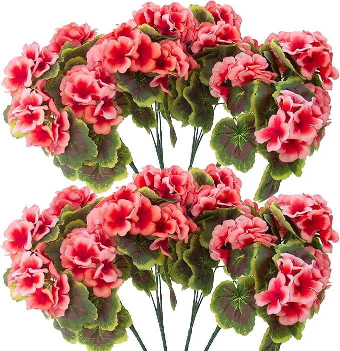lovemoon 8 Pcs Artificial Geranium Plant Realistic Silk Flowers for Outside UV Resistant Faux Geraniums Flowers for Indoor Outdoor Home Garden Office Decoration (8, Peach)