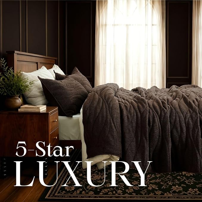 DOWN HOME Crinkle Textured Velvet Quilt Set with Shams, All-Season Luxury Modern Bedding,Easy Care Comforter,Ultra-Soft,Lightweight & Breathable, Queen, Antique Brown