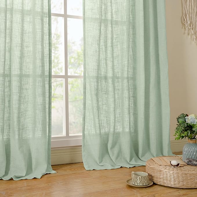 LAMIT Linen Curtains 48 Inch Length 2 Panels, Light Filtering Panels Back Tab and Rod Pocket Neutral Drapes for Kitchen/Window/Loft Room/Bedroom, 34 x 48 Inch Fresh Green
