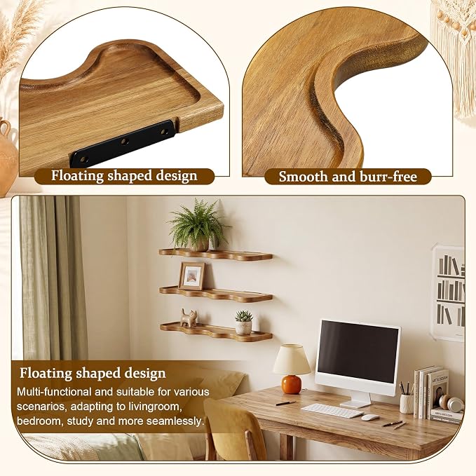 Novabright 3 Pcs Walnut Floating Shelves for Wall Solid Wood Scalloped Shelves Rustic Wall Mounted Storage Rack Display Hanging Shelf Farmhouse Decor for Living Room Bedroom Kitchen