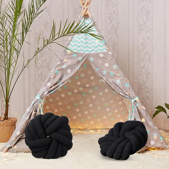 Marsui 2 Pieces Knot Ball Pillows 14 x 14 Inch Decorative Pillow for Couch Bedroom Plush Throw Knot Pillow Soft Handmade Chair Cushion for Living Room Car Decorations (Black)