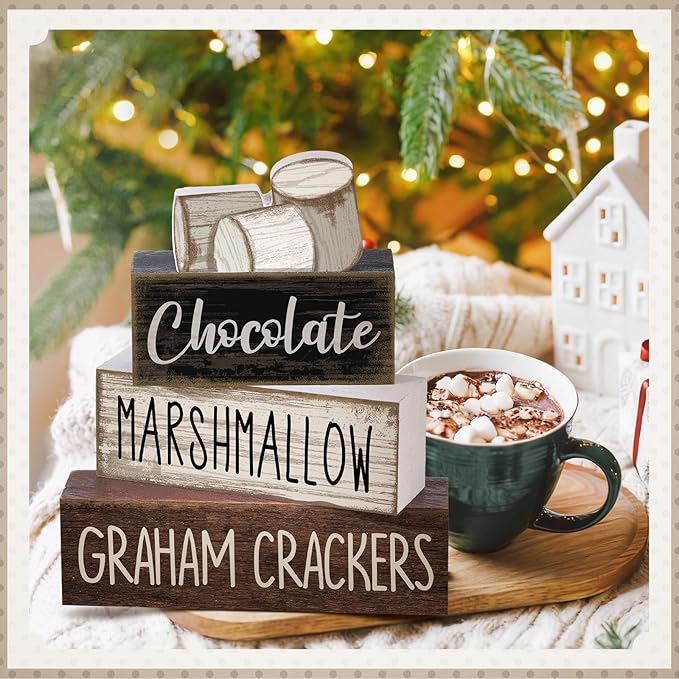 Moucuny 4 Pcs Winter Table Decoration Wooden Marshmallow Chocolate Christmas Tiered Tray Decor Xmas Centerpiece Decorative Hot Cocoa Marshmallow Block Signs Gift Winter Decoration for Home Kitchen