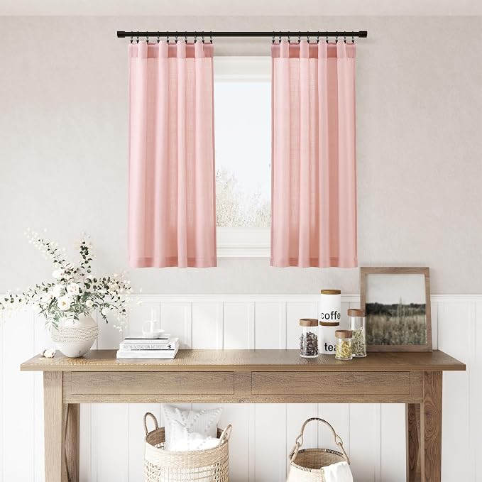Pink Kitchen Cafe Curtains 30 Inch Length Linen Blend Privacy Light Filtering Short Rustic Curtain with Rod Pocket Back Tab Pleated Design for Over Sink Girl Bathroom Laundry Room 2 Panels 26Wx30L