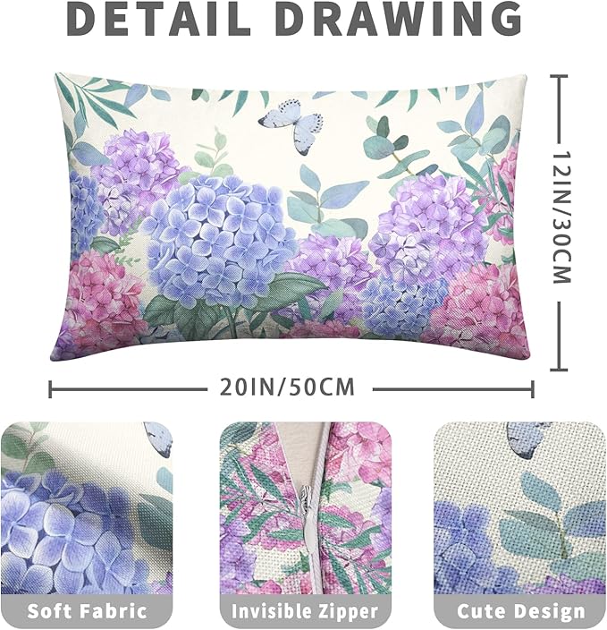 Hydrangea Lumbar Pillow Covers 12x20 Set of 2 Spring Flowers Outdoor Pillow Covers Blue Purple Hydrangea Eucalyptus Throw Pillowcase Cotton Linen Cushion Case for Sofa Outdoor Patio