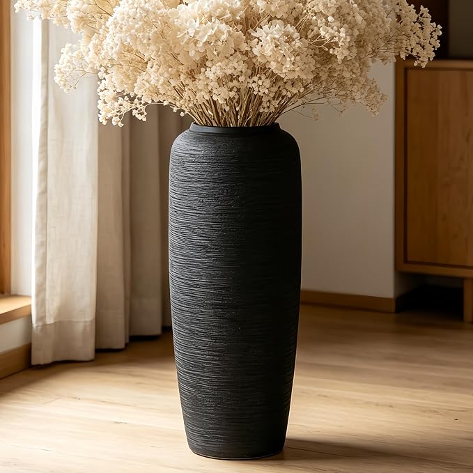 Large Rustic Ceramic Black Vase,19.7 Inch Tall Pottery Farmhouse Decor Floor Vase Vintage Flower Vases for Home Living Room Entryway Table Centerpiece Decor,Terracotta Vases,Wedding Gift