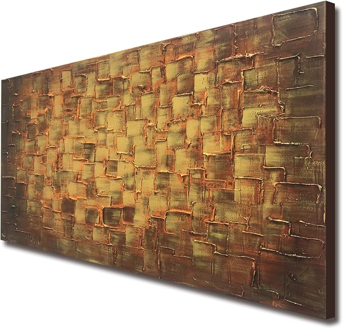 MyArton Large Abstract Golden Yellow Square Wall Art Hand Painted Textured Oil Painting on Canvas Ready to Hang 60x30inch