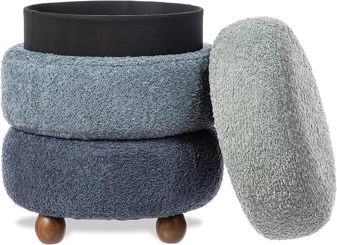 Glitzhome Round Ottoman with Storage Set of 2 Vanity Stool Foot Rest with Removable Lid Modern Upholstered Velvet Storage Ottoman Stool for Living Room and Dorm, Gradient Blue