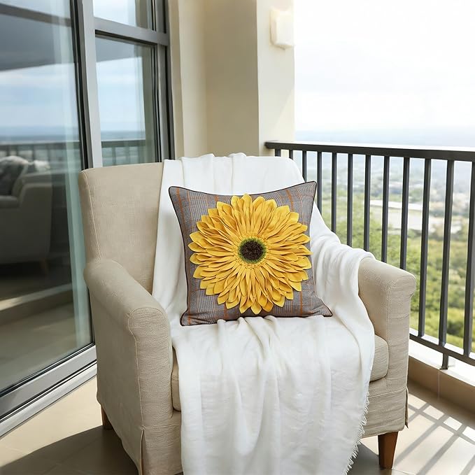 OiseauVoler 3D Sunflower Handmade Throw Pillow Cover Decorative Pillowcase Yellow Plaid for Home Bed Living Room Decor 18 x 18 Inch