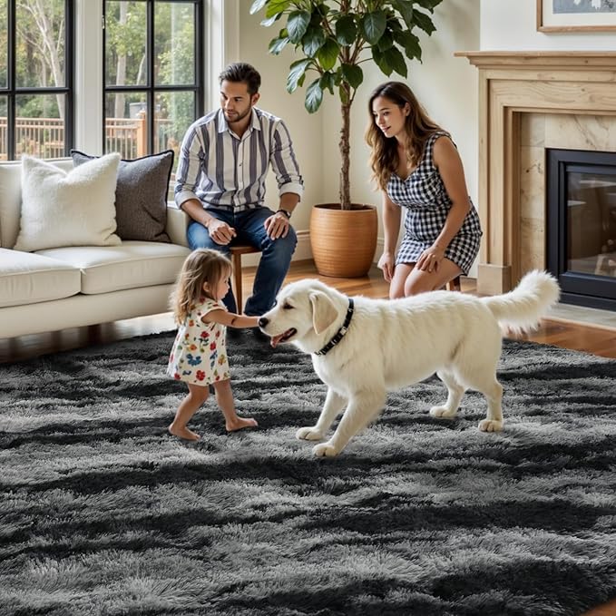 FinRèc 8x10 Rugs for Living Room Bedroom, Tie dye Striped Black Fluffy Shaggy Area Rug, Non-Slip Soft Shag Rug for Nursery Kids Room Dorm Room Home Decor, Indoor Plush Floor Carpet