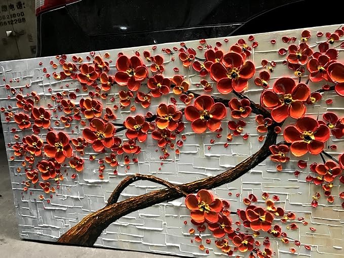 YaSheng Art - 48x24inch Canvas Wall Art, Hand Painted Oil Painting ,Abstract 3D Texture Wall Art Pictures, Red Floral Paintings, Modern Home Bedroom Wall Art Decor, Wall Art for living room, Large Framed oil painting.