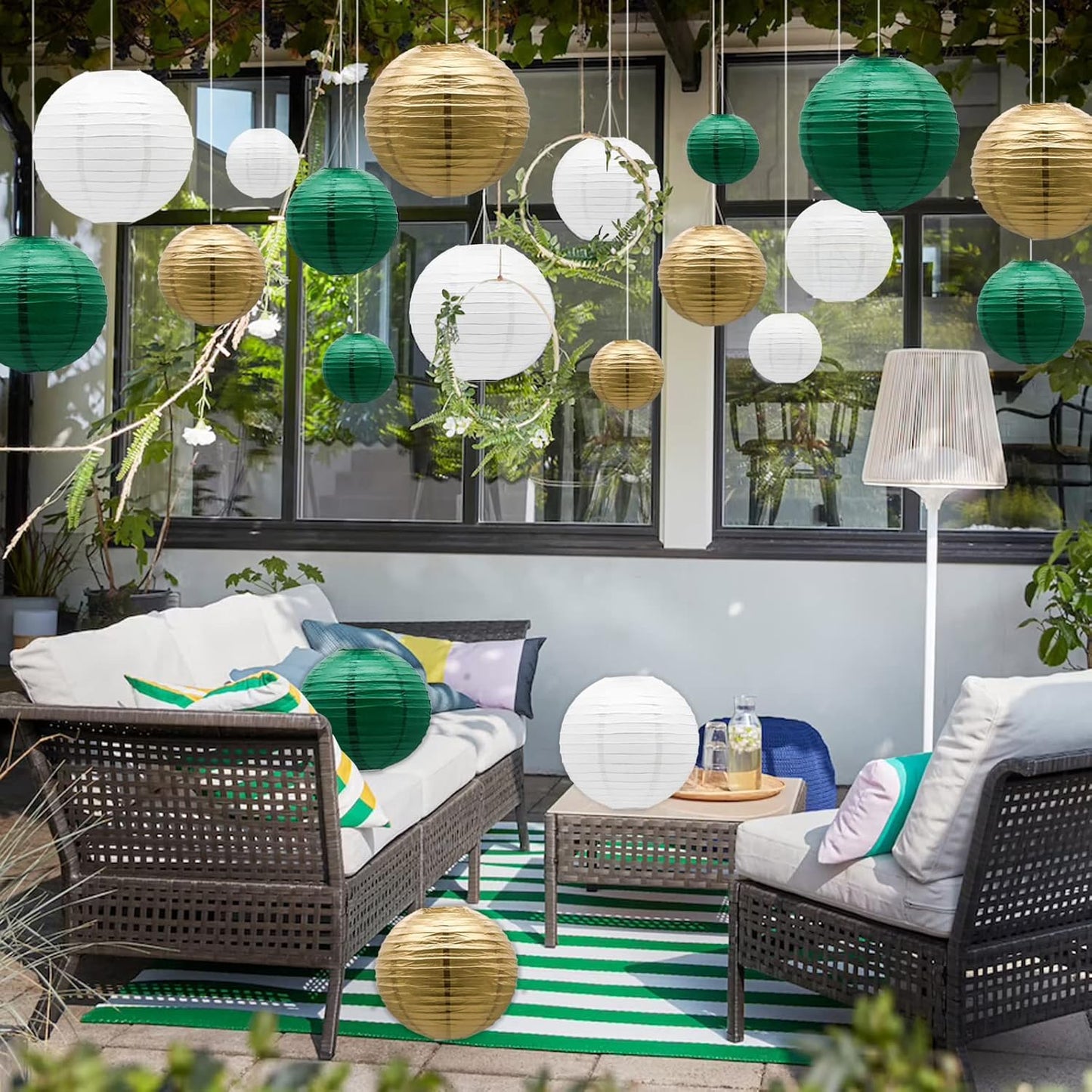 ADLKGG Green Gold Paper Lanterns Party Decorations, Round Hanging Lantern for St. Patrick's Day, Graduation, Wedding, Tropical Jungle Theme Birthday Party Football Theme Baby Shower Decorations