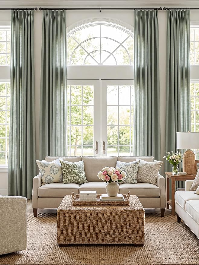 Liz Pinch Pleated Linen Curtains Light Filtering Curtains for Living Room, Farmhouse Window Curtains for Bedroom, Modern Drapes with Hooks and Rings, 108 Inches Long, Sage Green, 2 Panels Set