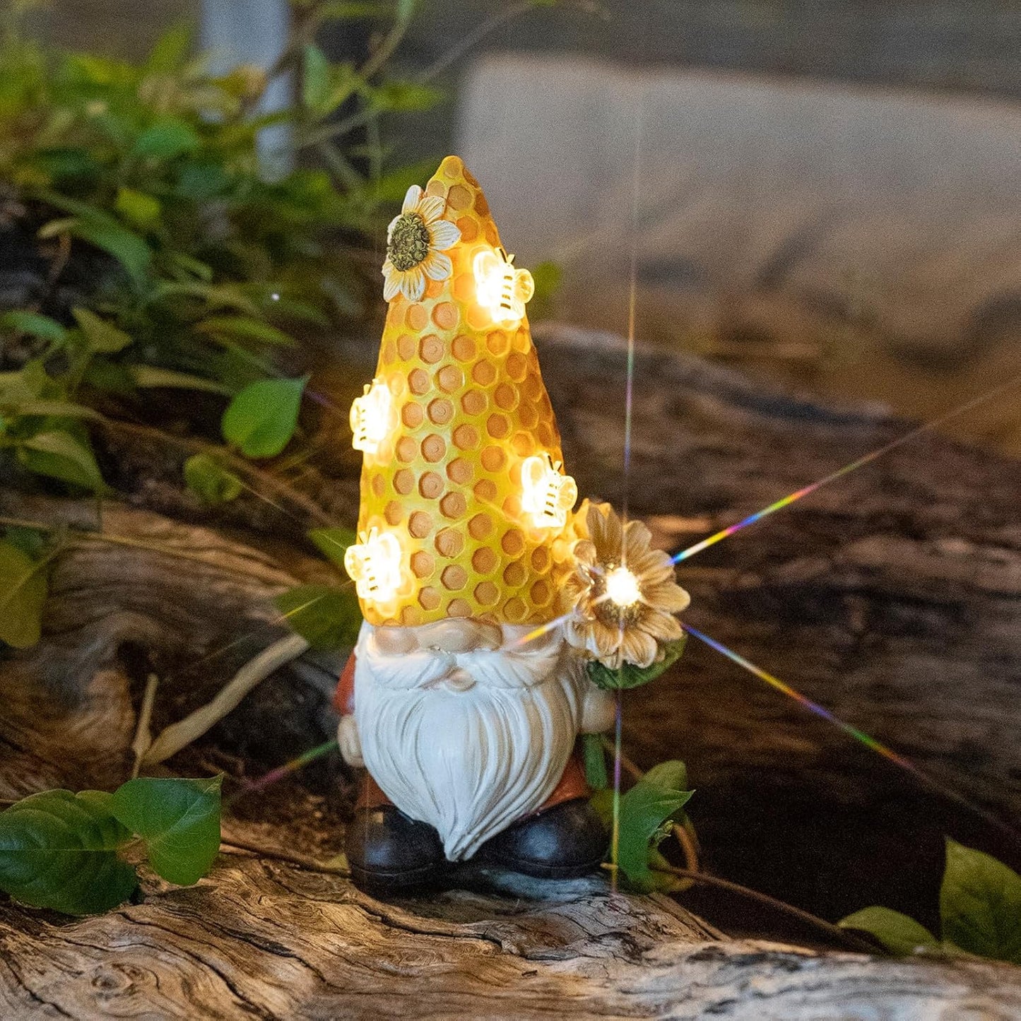 Garden Gnome Statue Solar Powered with Glowing Bees Sunflower Outdoor Funny Resin Figurine Decorations for Patio Yard Lawn Porch Housewarming Ornament Gift