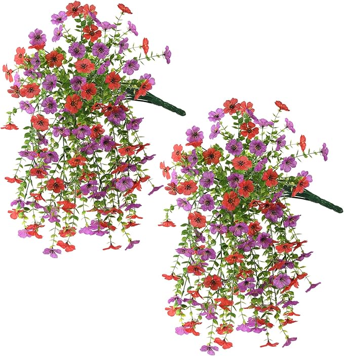ZFProcess Artificial Hanging Flowers for Outdoors Spring Decoration, 2PCS Silk Fake Daisy Realistic Fake Outdoor Flowers UV Resistant Porch Patio Window Yard Decor(Purple Red)