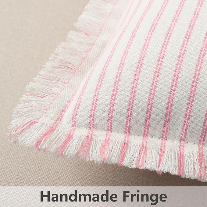 ZWJD Throw Pillow Covers 18x18 Set of 2 Striped Pillow Covers with Fringe Chic Cotton Decorative Pillows Square Cushion Covers for Sofa Couch Bed Living Room Farmhouse Decor (Pink)