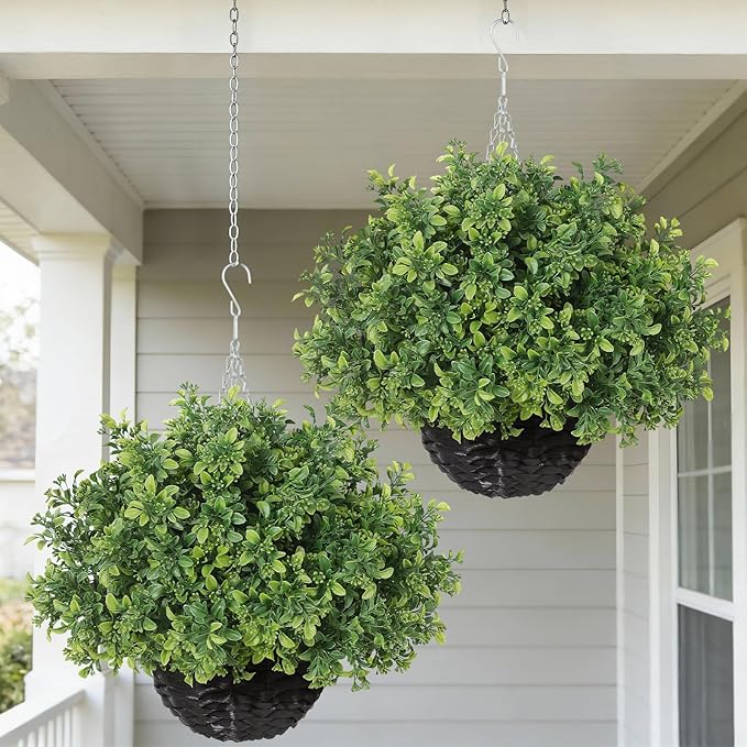 2PCS Artificial Boxwood Plants with Hanging Basket - Fake Aglaia Odorata Hanging Planters Faux Greenery UV Resistant Eucalyptus Leaves for Front Porch Patio Garden Farmhouse Home Decor (Green)