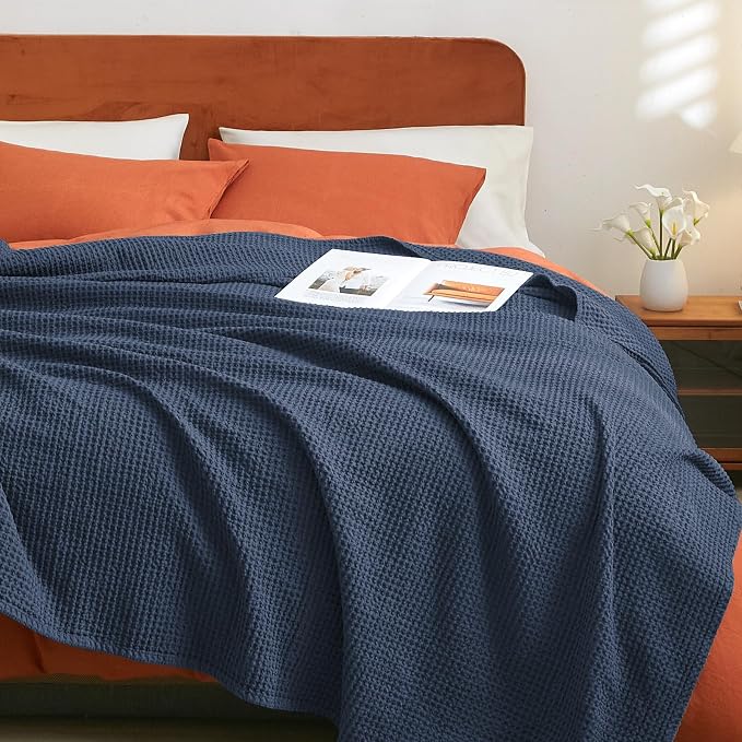 PHF Pre-Washed Cotton Waffle Weave Blanket Throw Size for Bed Couch,Snag Proof Spring Summer Lightweight Breathable,Oeko-TEX Certified,Machine Washable, Home Decor Gift,Dark Navy
