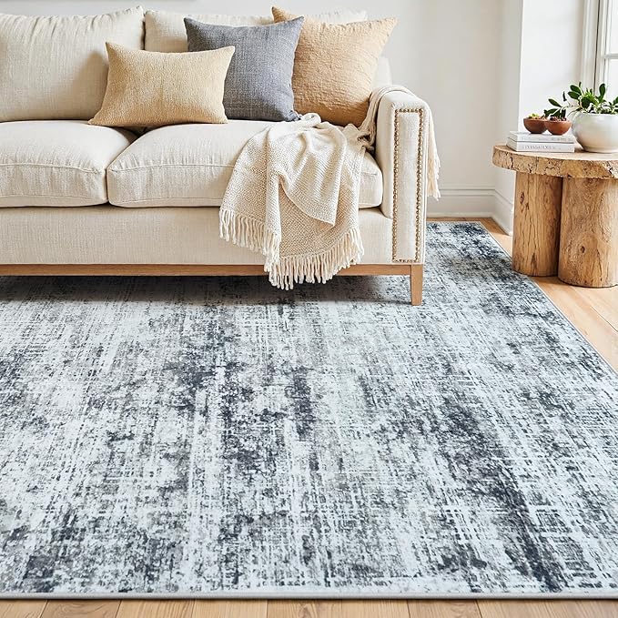 8x10 Area Rugs Washable Rug:Anti-Skid Abstract Modern Living Room Rug Soft Thin Carpets Indoor Floor Non-Shedding Carpet for Bedroom Dining Farmhouse Nursery Home Office(Black/Grey/White, 8x10)