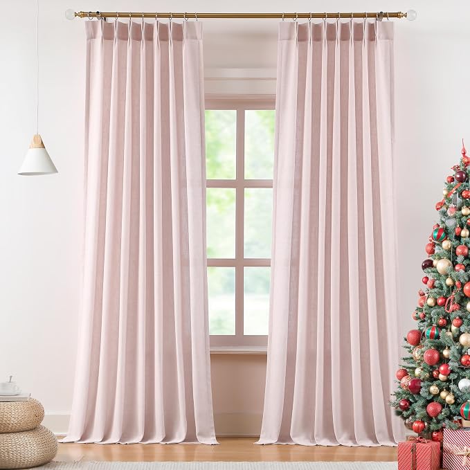 Vision Home Soft Pink Pinch Pleated Semi Sheer Curtains Textured Linen Blended Light Filtering Window Curtains 102 inch for Living Room Bedroom Pinch Pleat Drapes with Hooks 2 Panels 40" Wx102 L