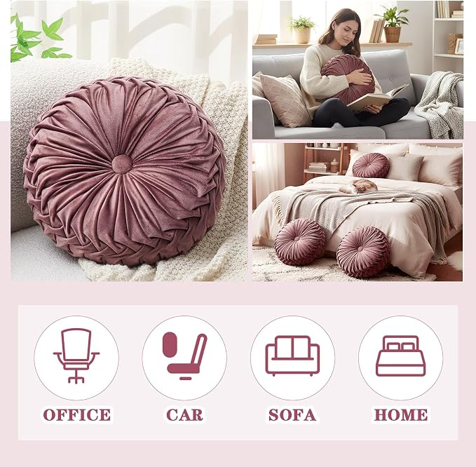 Drydiet 1 Pcs Round Throw Velvet Pillows Decorative Pleated Throw Pillows Diameter Accent Pumpkin Boho Chair Cushion for Couch Sofa Home Decoration (Dusty Rose,15'')