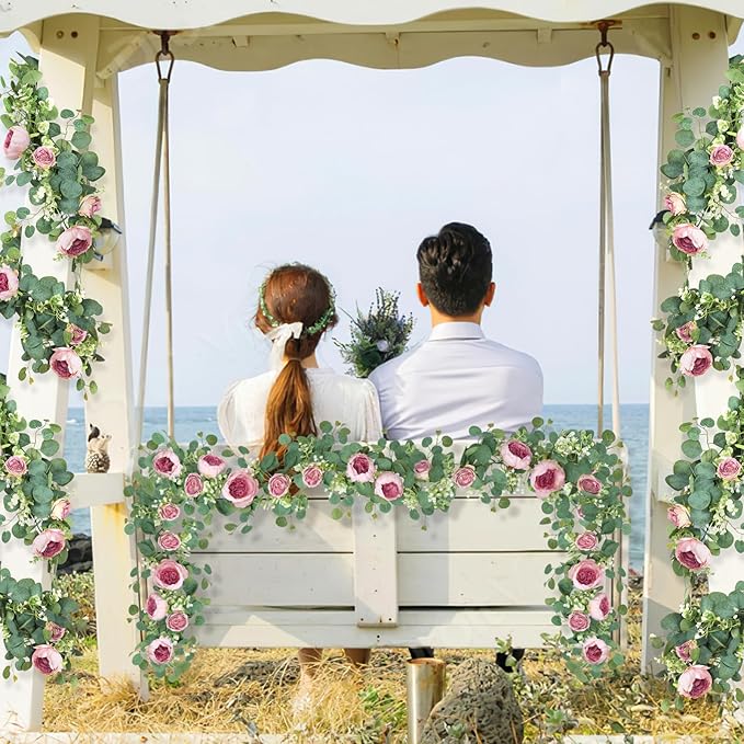 SOMYTING 2 Pack 13FT Flower Garland, Artificial Rose Vine Fake Flower Garland Silk Rose Peony Vines Faux Valentine Floral Garlands for Wedding Party Arch Table Backdrop Wall Decoration (Vintage Pink)