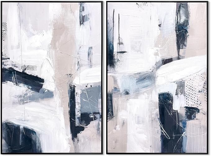 SAFERRYHOME Large Abstract Textured Framed Canvas Wall Art, Minimalist Wall Decor Neutral Painting, Modern Blue White Artwork Print for Home, Office, Living Room, 24"x36"x2