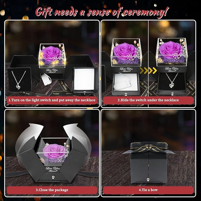 ENERLEAF Preserved Purple Real Rose-Eternal Flowers Rose Gifts for Mom Grandma Wife Girlfriend on Mothers Day Birthday Valentines Christmas Anniversary Romantic Gifts for Her with I Love You Necklace