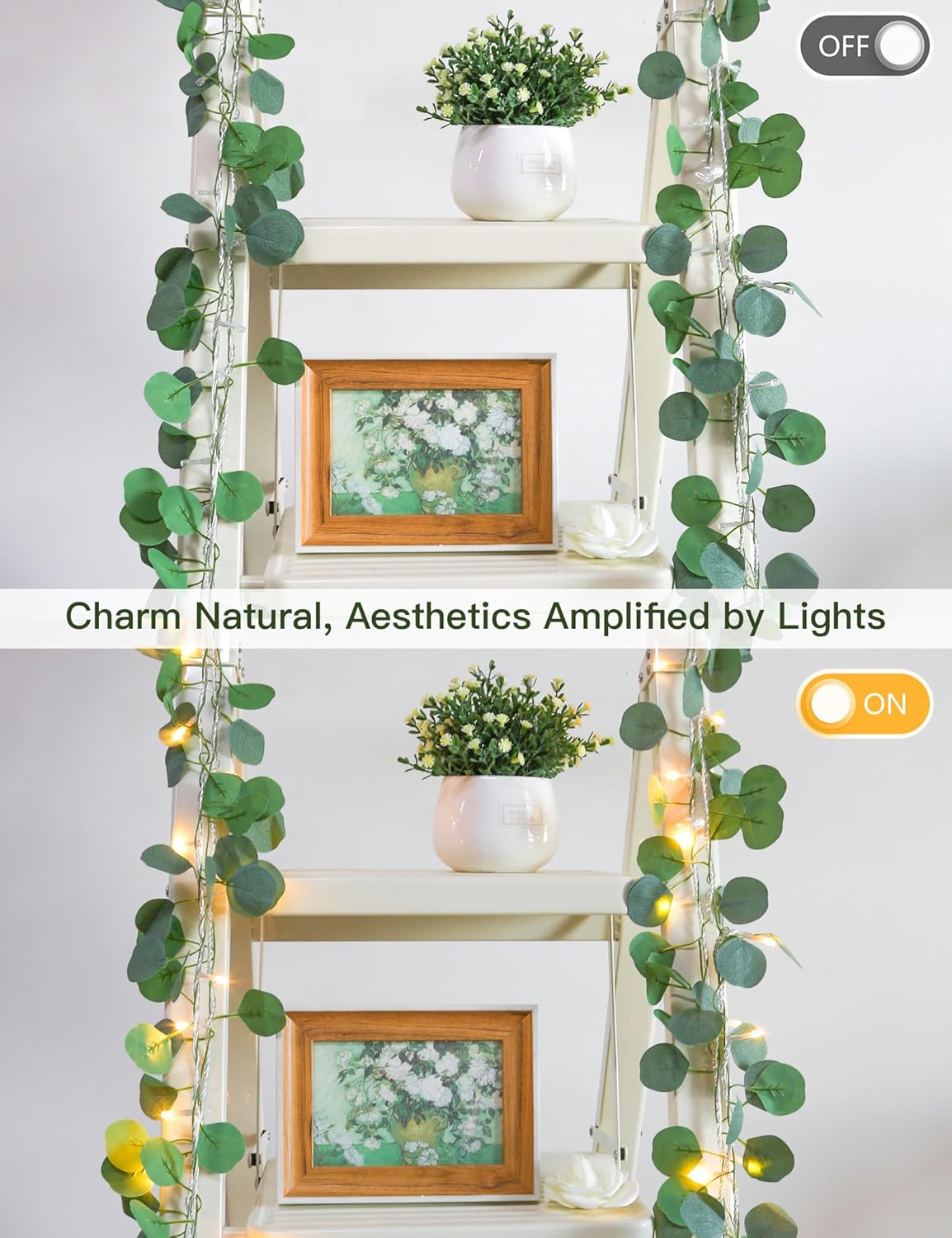 suddus Vines with Lights Plug in, 33ft 100 LED Eucalyptus Garland String Light Connectable with Remote, Leaf Lights for Bedroom, Room, Wall, Garden, Party, Wedding Decor (Warm White)