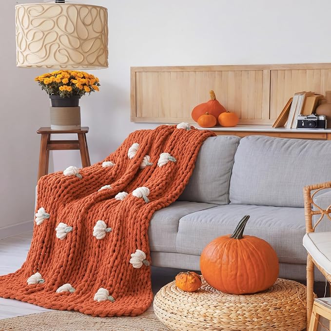 Mindsoft Chunky Knit Throw Blanket Large 50" X 60" Handmade Cream Chenille Loop Yarn Fluffy Soft Knitted Throw Big Cozy Thick Cable Knit Crochet Blanket for Couch Sofa Bed (Burnt Orange,Pumpkin)