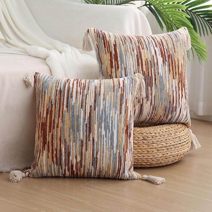 Simmore Fall Boho Decorative Throw Pillow Covers 18x18 Set of 2, Tufted Farmhouse Pillow Covers with Tassels for Cozy Bohemian Couch Sofa Bedroom Home Decor, Rust