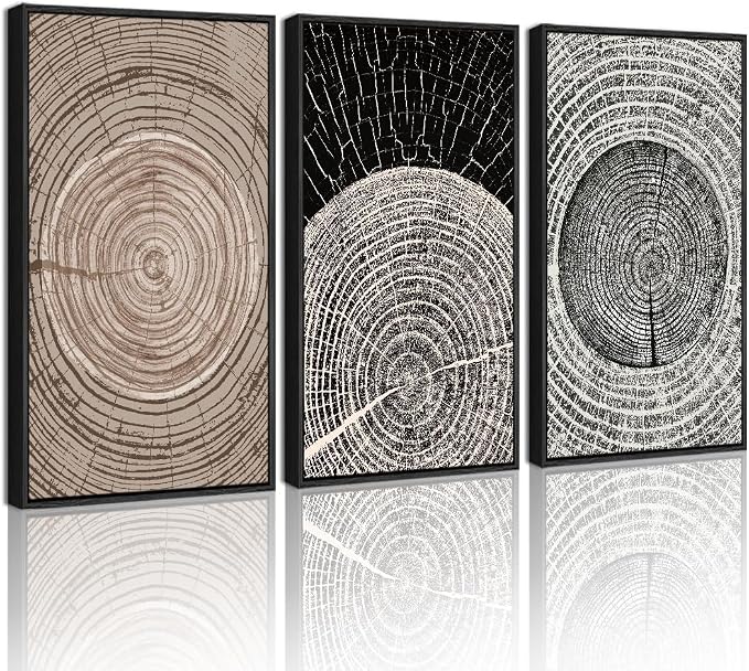 PHOPAGO Vintage Wood Tree Rings Wall Art Large 16x24in Farmhouse Rustic Framed Canvas Paintings Living Room Bedroom Decor Nature Artwork Black Framed