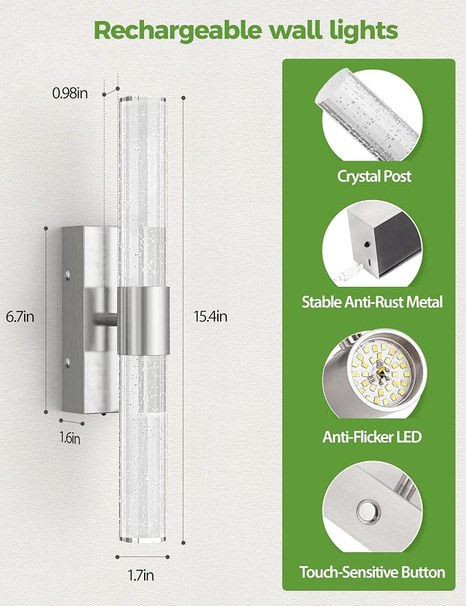 JOFIOS Battery Operated Wall Sconce Set of 2,3CCT Dimmable,10400mAh,Silver Modern Rechargeable Wall Sconce with Remote,Wireless Wall Lights for Bedroom,Living room,Hallway(15.3 inch)