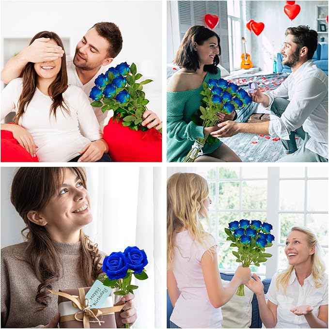 Wondrus Bulk Artificial Flowers 100 PCS, Fake Velvet Silk Blue Roses with Long Stems Realistic Bouquet for Wedding Centerpieces, Faux Arrangement for Home Table Decor