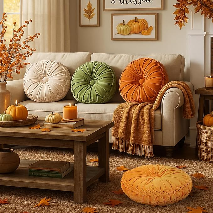 Drydiet 4 Pcs Round Throw Velvet Pillows Decorative Pleated Throw Pillows Diameter Accent Pumpkin Boho Chair Cushion for Couch Sofa Home Decoration (Fall Color,15'')