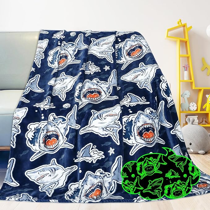 Shark Throw Blanket for Boys, Glow in the Dark Fish Blanket for Bedroom Travel, Cozy Soft Warm Ocean Animal Fleece Throws for Home Room Decor, Shark Boys Toys Gifts for Kids Toddlers, 50"x60"