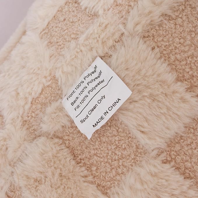 A Nice Night Faux Fur Reading Pillow,Checkered Fluffy Grid Plaid,Bed Wedge Pillow Large Adult Children Backrest with Arms for Bedrest,Beige