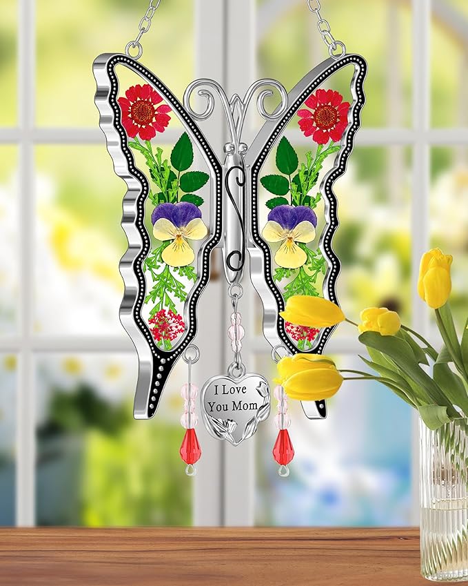 KY&BOSAM Gifts for Mom I Love You Mom Butterfly Suncatcher Stained Glass Window Hanging Wind Chime with Pressed Real Flowers Purple Butterfly Mother Gift for Women Mothers Day Christmas Birthday Decor