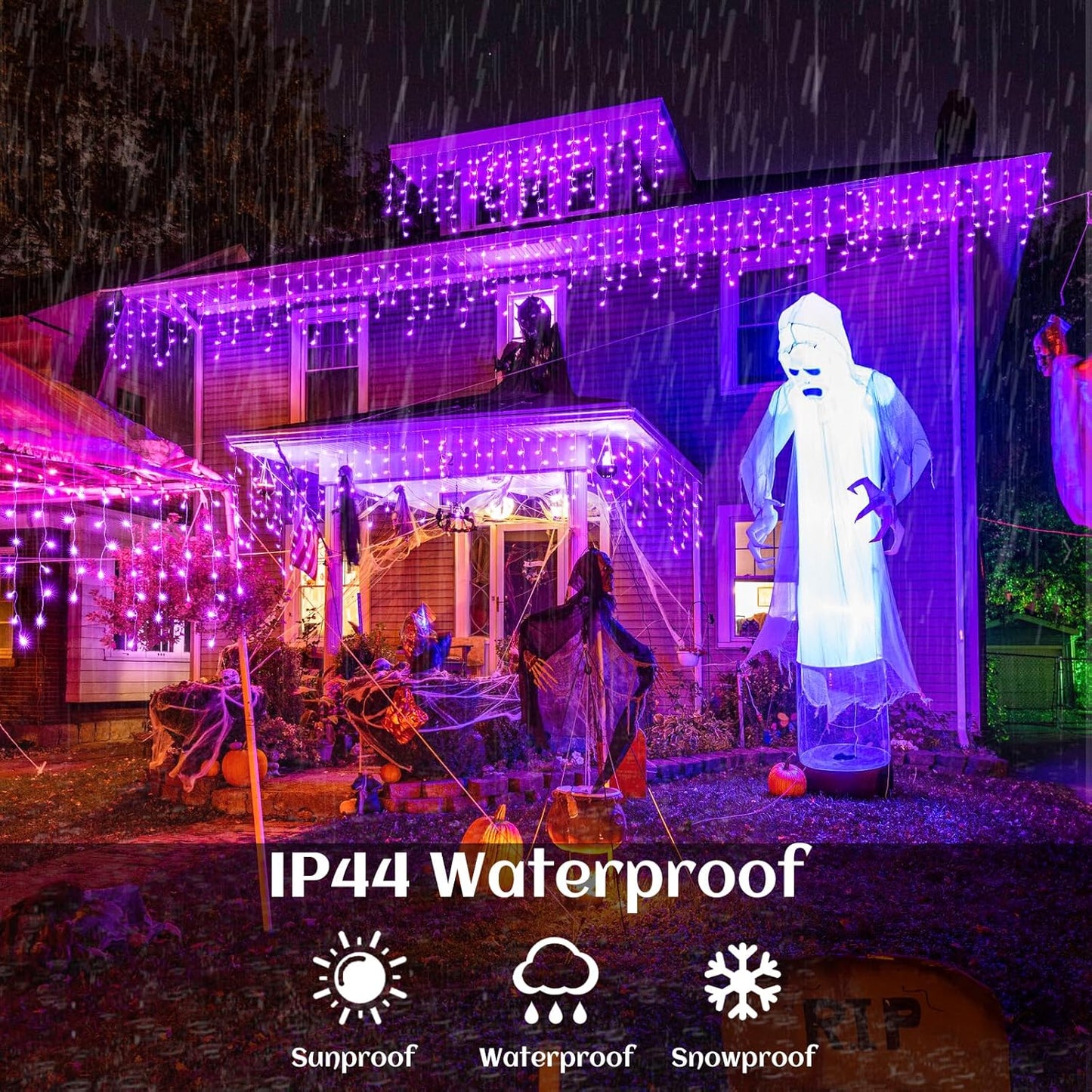 66ft Purple Halloween Lights Outdoor Indoor, 640 LED Icicle Lights for Outside Twinkle Christmas Lights with 120 Drops Clear Wire Timer 8 Modes for House Party Tree Yard Patio Eaves Holiday Decoration