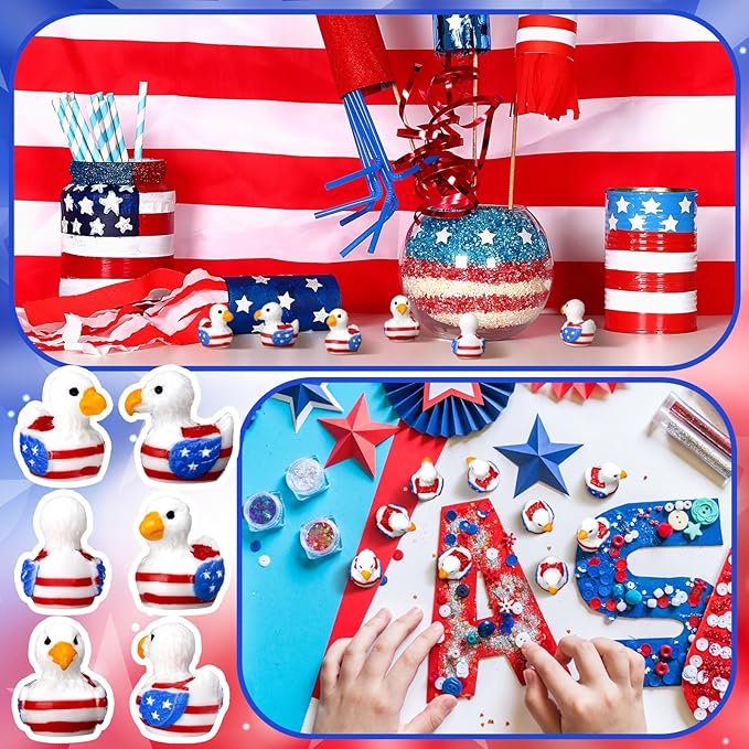 DoubleFill 100 Pcs Patriotic Eagle Duck Figurine Mini Resin Veteran Ducks 250th Anniversary Independence Day Patterns Tiny Animal Figurines Patriotic Resin Ducks Ornament for Home Office Desk Bathroom