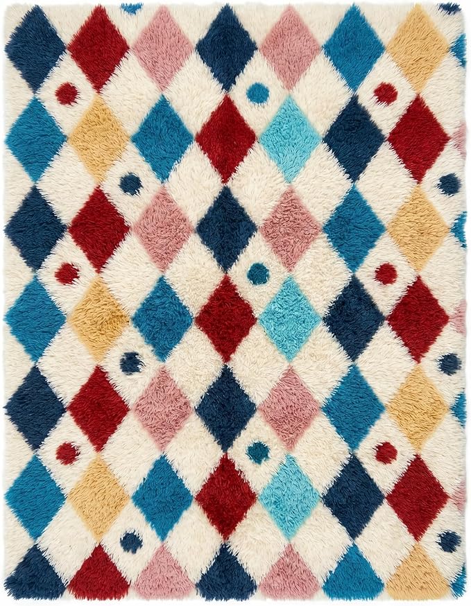 PureCozy Checkered Rug 4x6 Fluffy Shag Living Room Colorful Area Rug Modern Washable Carpet Soft Shaggy Non Slip Indoor Plush Fuzzy Rugs for Bedroom Dorm Office Home Aesthetic Decor