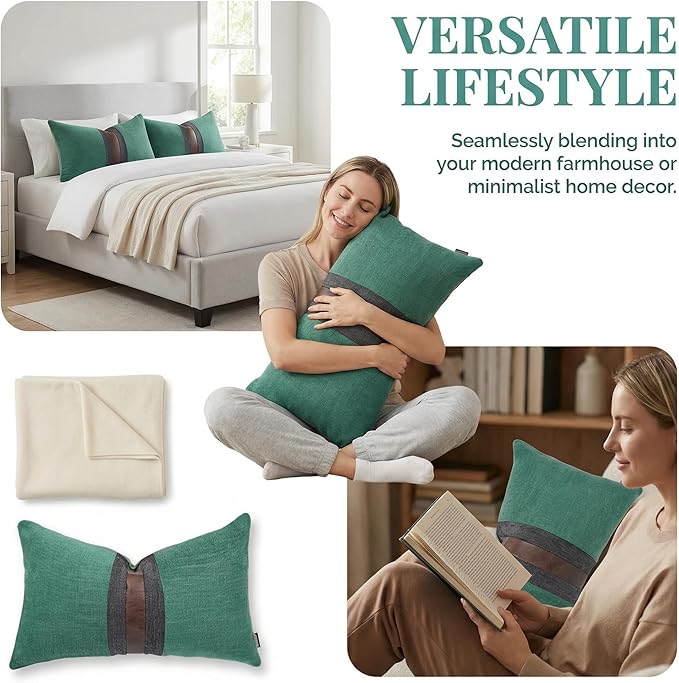 BOYSUM Set of 2 Leather Throw Pillow Covers Lumbar Cotton Linen Decor Patchwork Pillow Cover Faux Leather Pillows Cover for Couch Sofa Living Room Bedroom,Grass Green 12"x20"