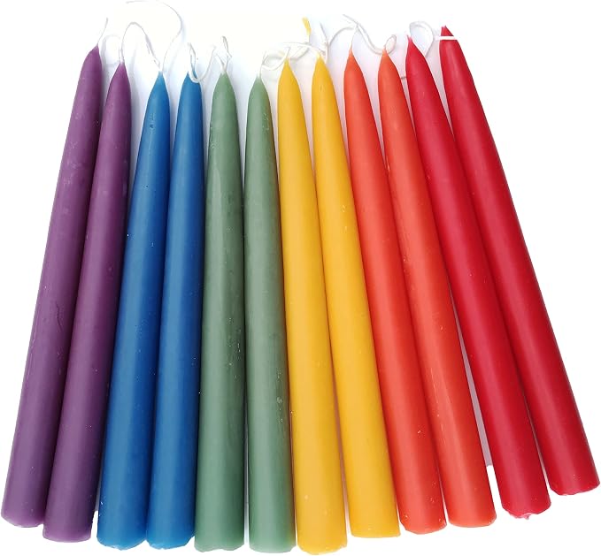 100% Pure Beeswax Taper Candles - All-Natural Handmade Decorative & Dipped Smokeless Unscented Candles for Christmas, Advent, and Hanukkah, Rainbow, 8.5 Inches, 24 Candle Set, by BeeTheLight