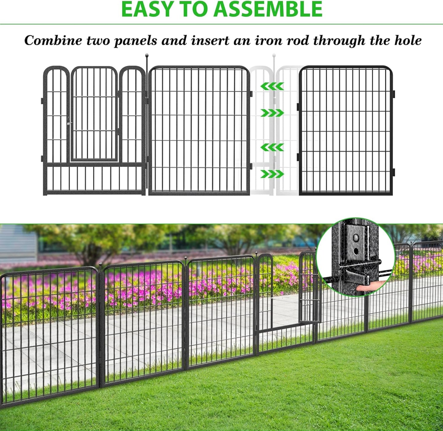 Decorative Black Metal Fencing Garden Fence with Gate, 64ft(L) 32in(H) 28 Fence Panels No Dig Fence Rustproof Animal Barrier Fence Temporary Dog Panels Fencing Outdoor