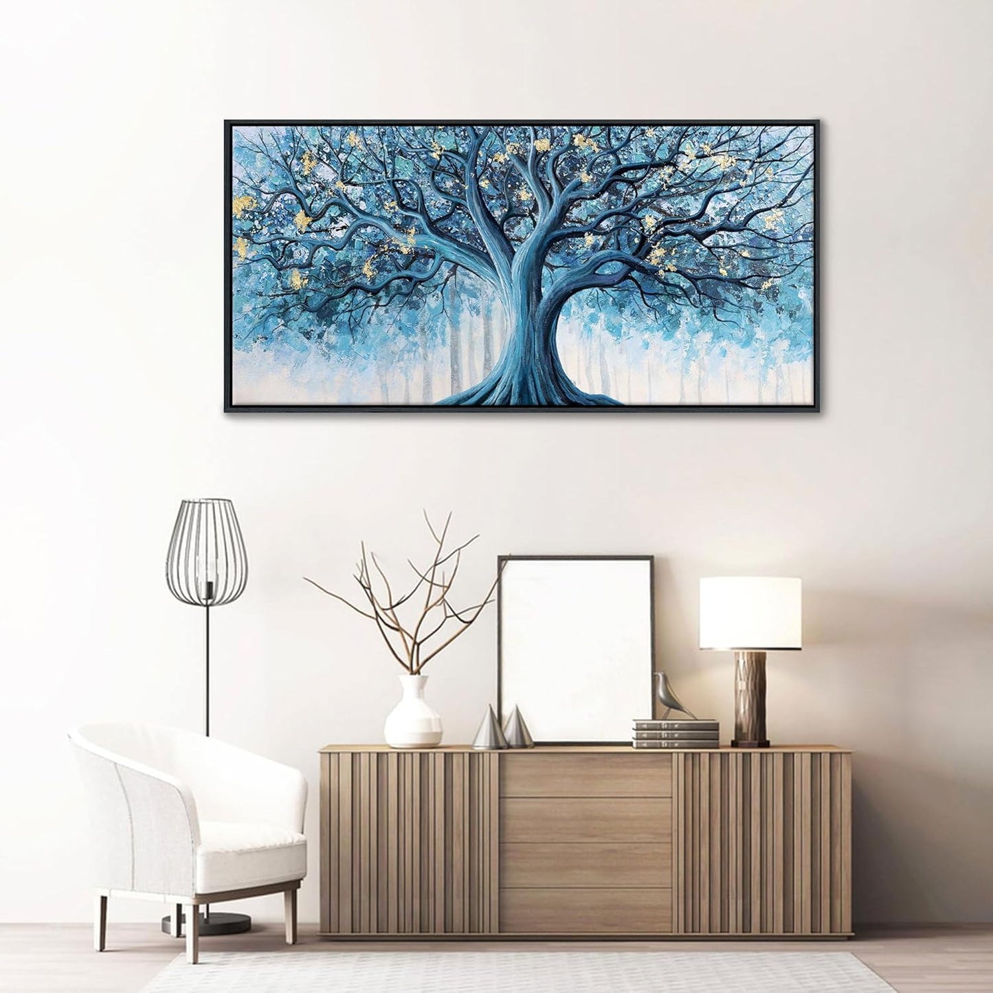 Navy Blue Canvas Wall Art - Blue and Gold Nature Wall Decor, Tree of Life for Bedroom Wall Art, Large Pictures for Living Room, Office, or Bedroom, Framed Landscape Artwork 24×48IN