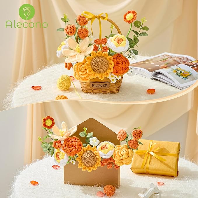 Alecono Large Crochet Flower Bouquet, Knitted Flowers, Artificial Sunflower Crochet as a Gift for Valentines Day Lover Anniversary Graduation (Orange)