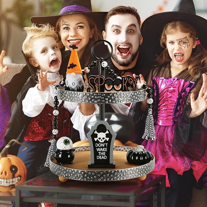 Halloween Decorations 6PCS Tiered Tray Decor, Cute Tabletop Halloween Decor for Home Office Tray Shelf Mantel Table Centerpieces Farmhouse Rustic Spooky Wood Signs