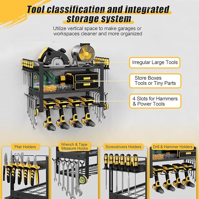 Jusgym Power Tool Organizer Wall Mount |150lbs Garage Storage Rack with 4 Cordless Drill Holder |3-Tier Heavy Duty Tool Storage Rack for Garage Organization |Gift for Men
